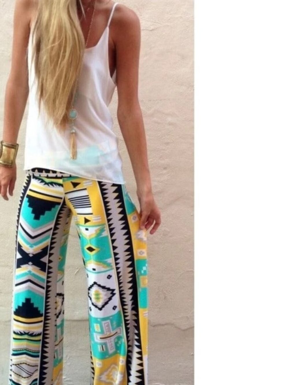Aztec Tribal Yellow Teal Black Palazzo Stretch Wide Leg Pants S Small Uptown USA